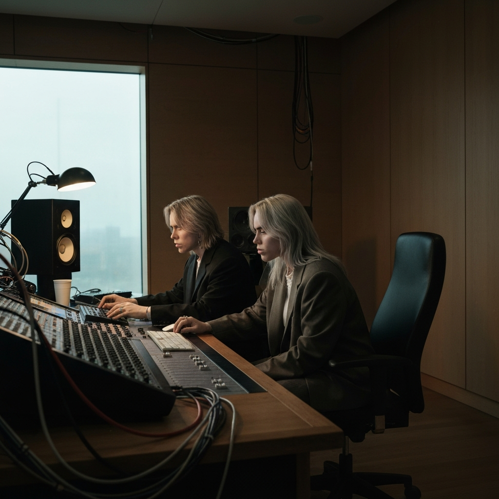 A recording studio with dim, atmospheric lighting. Billie Eilish and Finneas are seated at a mixing console, deep in concentration. Wires and equipment are visible in the background, creating a sense of creative energy.