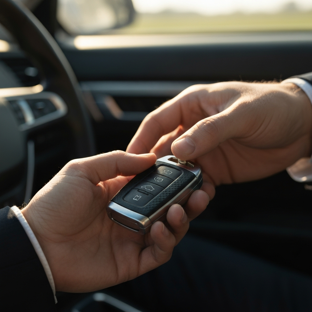 A close-up shot of a hand holding a key fob, soft golden hour lighting highlighting the metallic details and textured plastic. The background is softly blurred, showing a car interior.