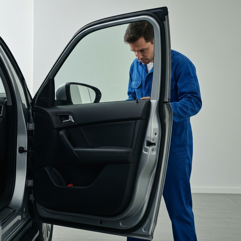 Medium shot of a car door ajar. A mechanic in a blue uniform examines the doorjamb with a flashlight, side-lit to reveal the texture of the metal and rubber seals.
