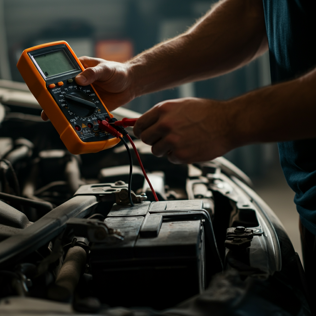 A dimly lit garage interior. A mechanic is using a multimeter to test the voltage of a car battery. Focus is on the meter's display and the battery terminals. Soft bokeh in the background.