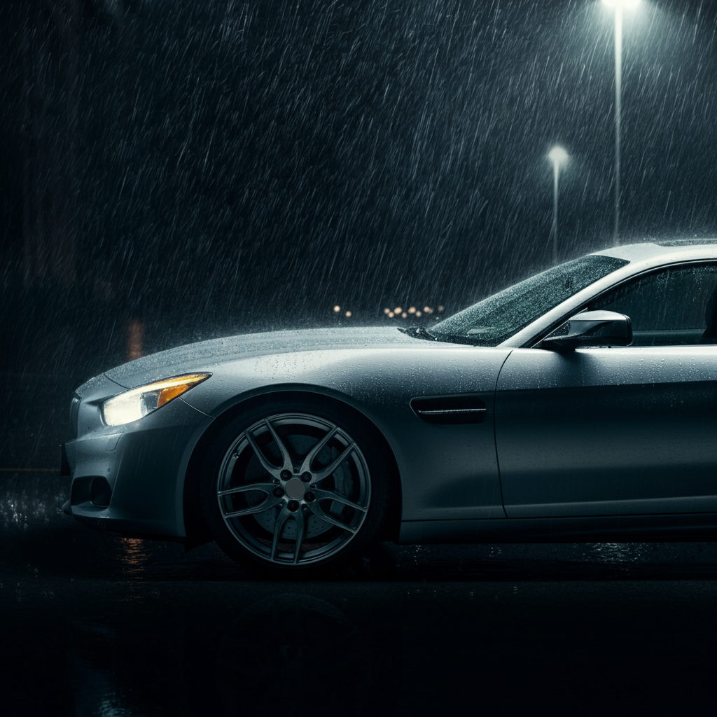 Wide shot of a car parked on a city street during a heavy downpour. Streetlights reflect off the wet pavement, and the overall tone is somber. The car alarm is subtly blinking.