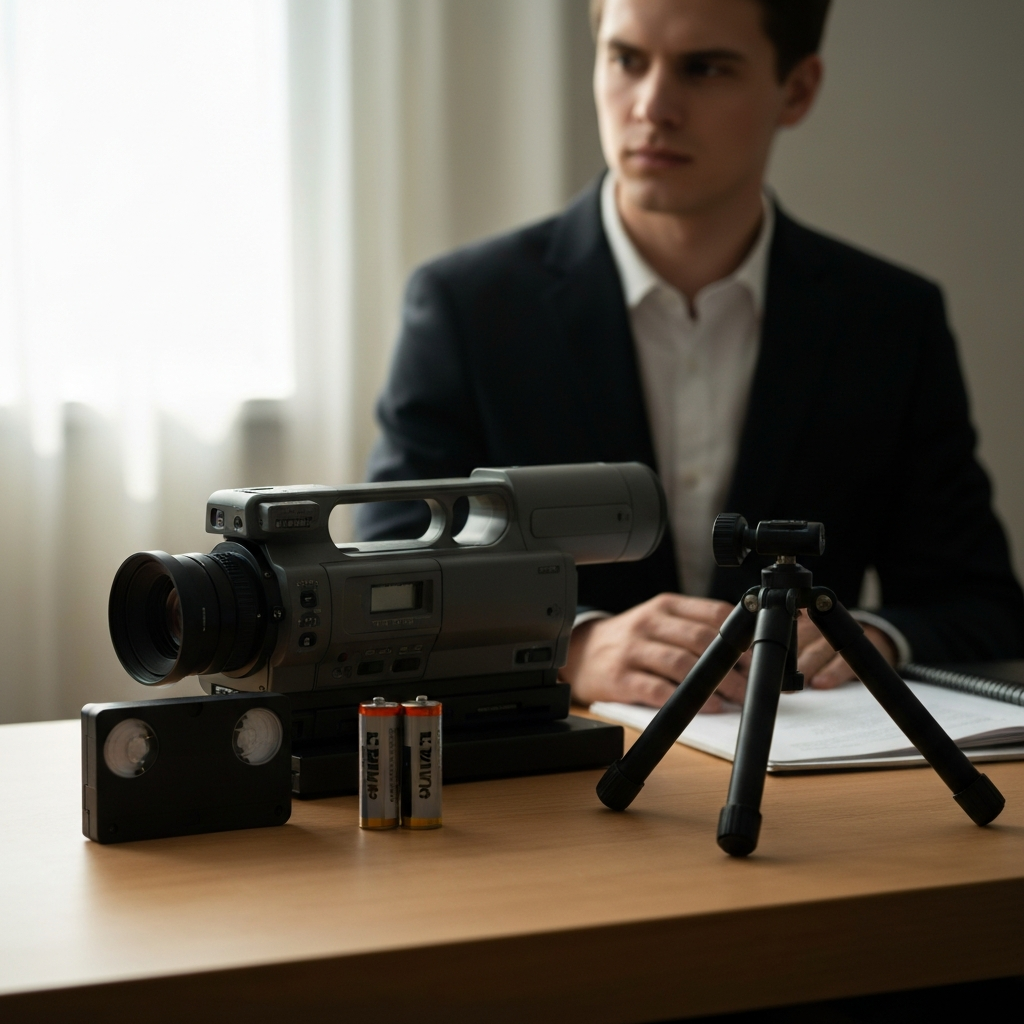 A well-lit workspace with a vintage VHS camcorder prominently displayed, alongside a new blank VHS tape, fresh batteries, and a sturdy tripod. Soft, natural light fills the room, highlighting the textures of the equipment.