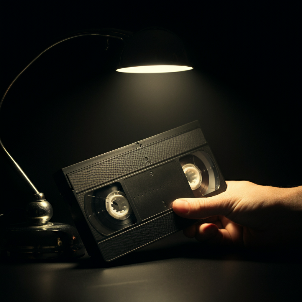 Close-up of a hand carefully inspecting a VHS tape under a focused desk lamp. The light catches the texture of the tape casing, revealing fine details and potential imperfections.