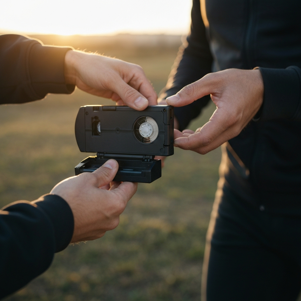 Medium shot of hands gently inserting a VHS tape into the open tape compartment of a camcorder. Soft focus on the background, emphasizing the action of loading the tape.
