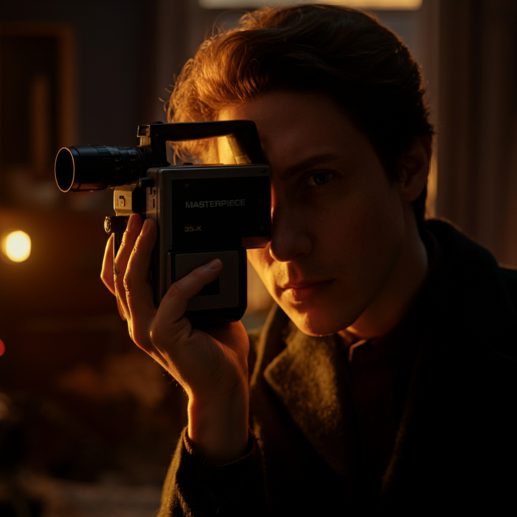 A person holding a VHS camcorder, peering through the viewfinder. The background is blurred, suggesting a focus on the act of framing a shot. Golden hour lighting casts a warm glow on the subject's face.