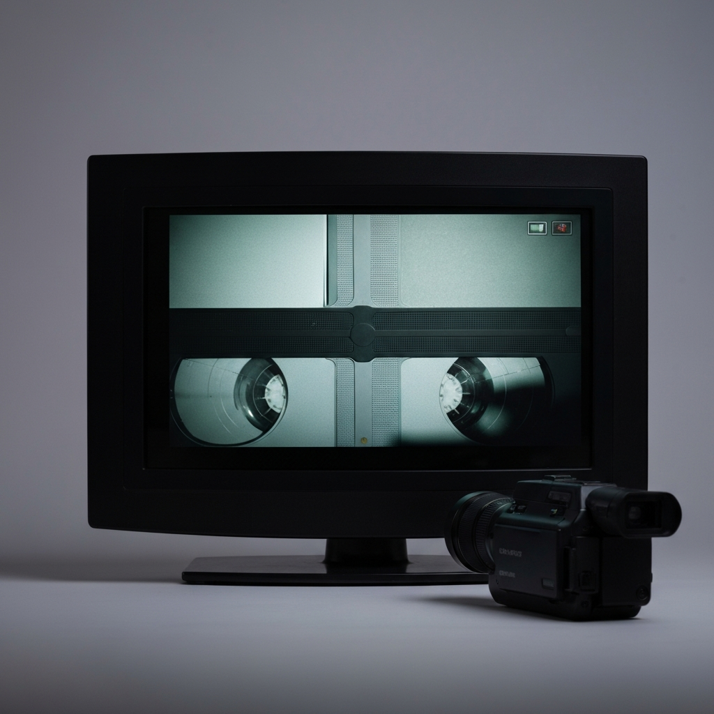 A television displaying footage from a VHS tape, with a camcorder sitting nearby. The image on the screen is slightly grainy, reflecting the characteristic look of VHS recordings. Soft ambient lighting creates a nostalgic atmosphere.