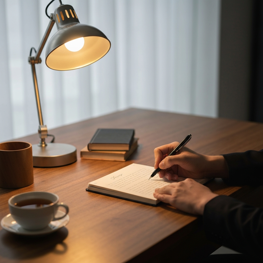 A close-up of a journal resting on a wooden desk. A hand holds a pen, writing in neat cursive. The desk is cluttered with small objects: a small stack of books, a reading lamp with warm light, a cup of tea.