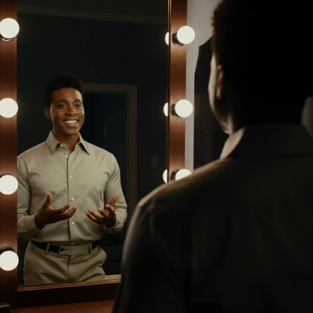 A person standing in front of a mirror, looking directly at their reflection. They are smiling and speaking with confidence. The room is well-lit and appears to be a bedroom or dressing room.