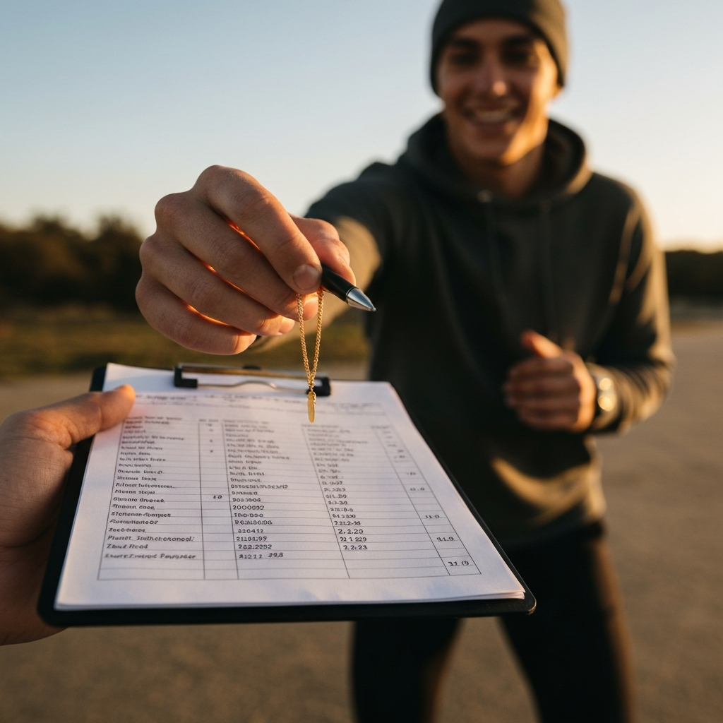 A close-up shot of a handwritten price sheet on a clipboard, partially blurred. In the background, a person is smiling while handing over a piece of gold jewelry.
