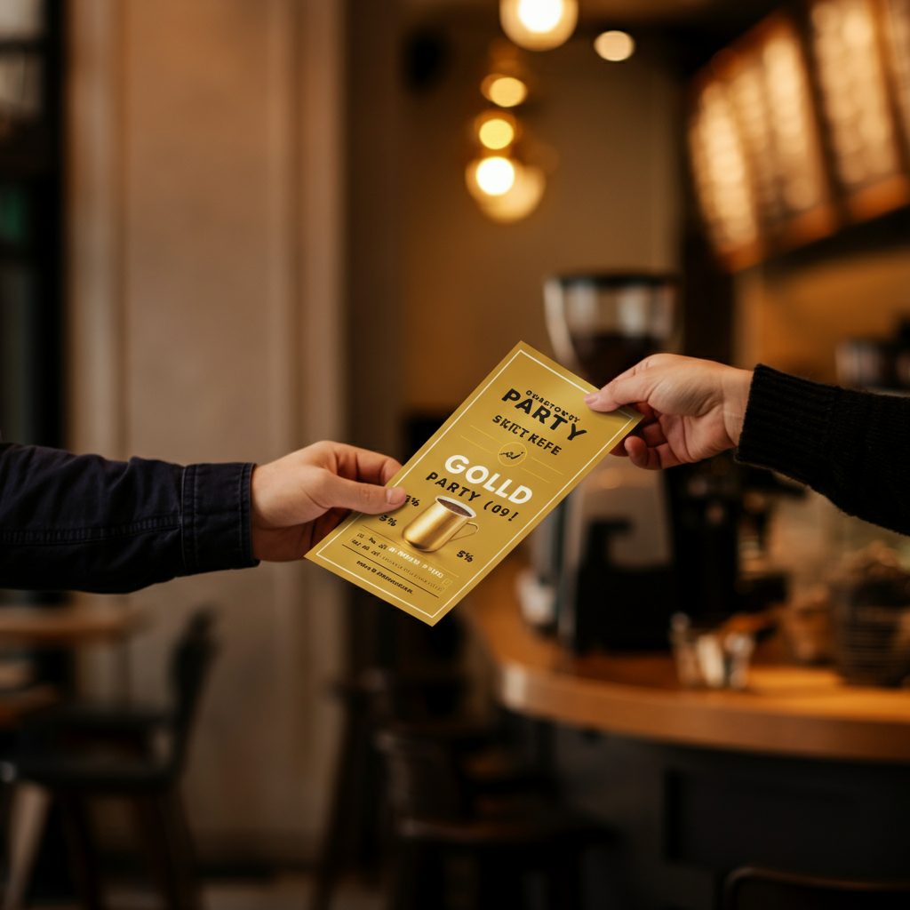 A person handing out flyers for a gold party in a coffee shop. The scene is warm and inviting, with soft bokeh in the background, blurring the details of the coffee shop.