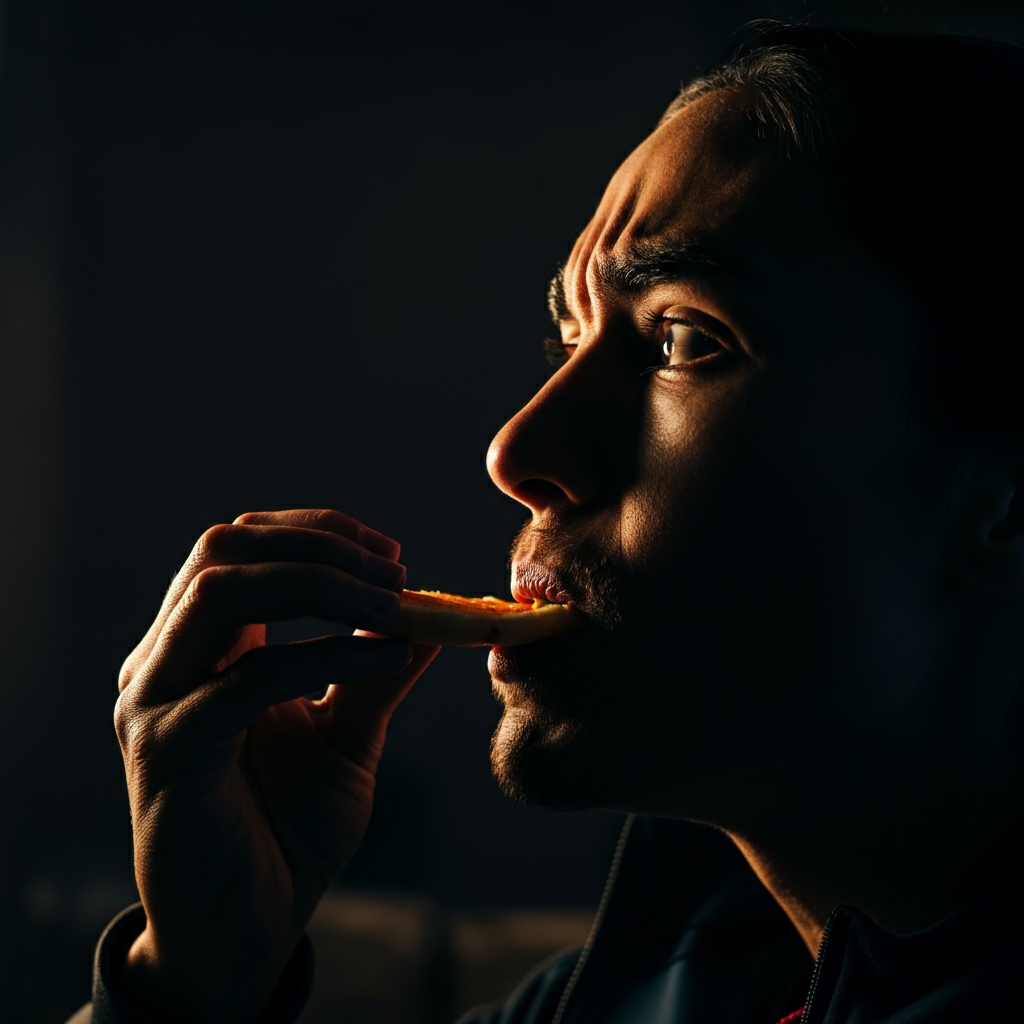 A close-up of a person's face as they take a bite of food, with a mixture of contemplation and slight disgust. Side-lit, emphasizing the facial expressions and the texture of the food.
