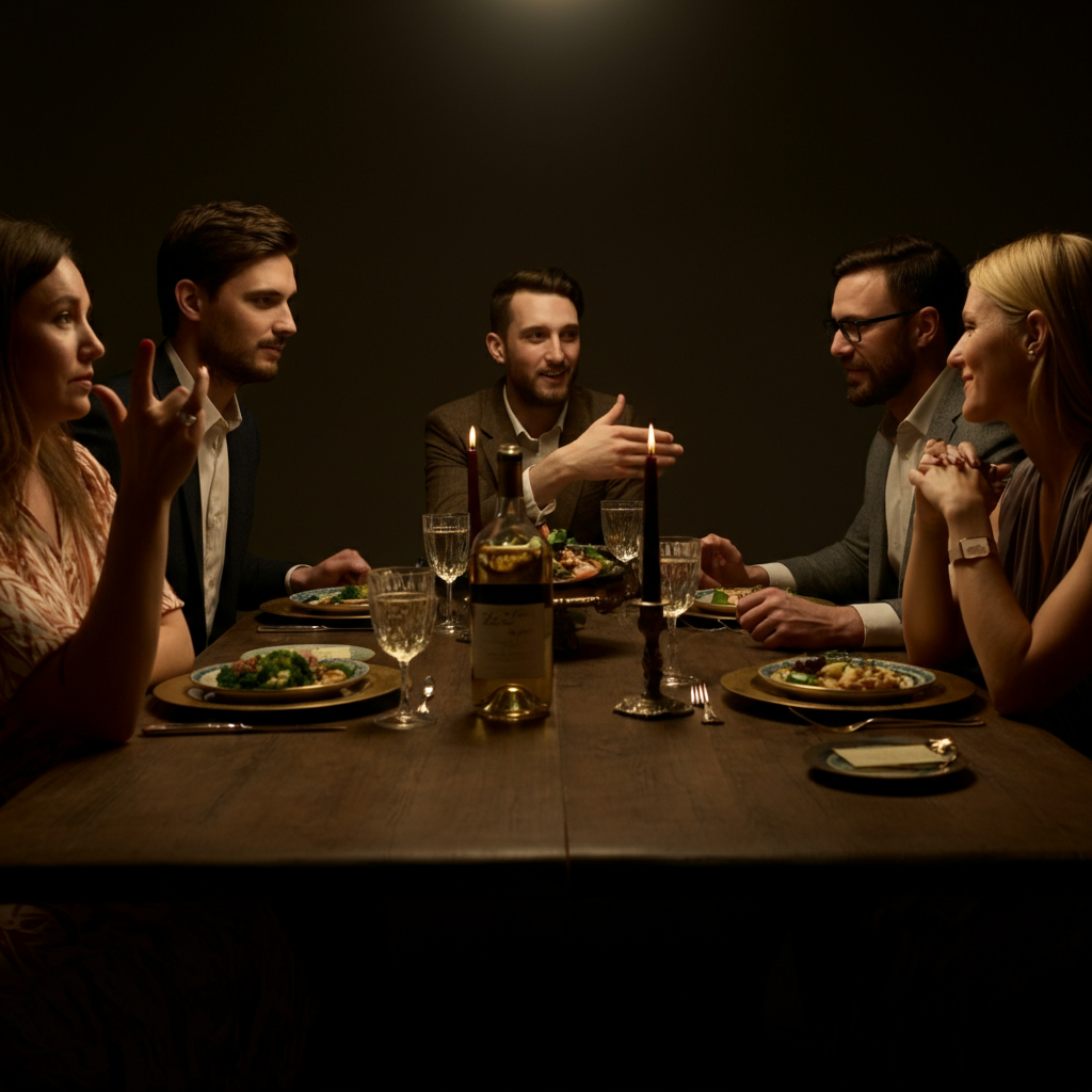 A group of friends gathered around a dinner table, engaged in lively conversation. Warm, ambient lighting creates a cozy atmosphere, with one person gesturing animatedly while making a point, and the others listening attentively with amusement.