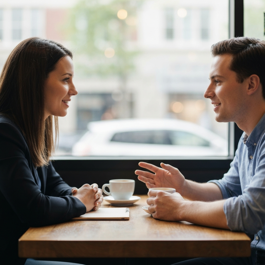 Two people sitting across from each other at a coffee shop table, engaged in a friendly debate. Soft bokeh background, focusing on their facial expressions as they listen and respond to each other respectfully.