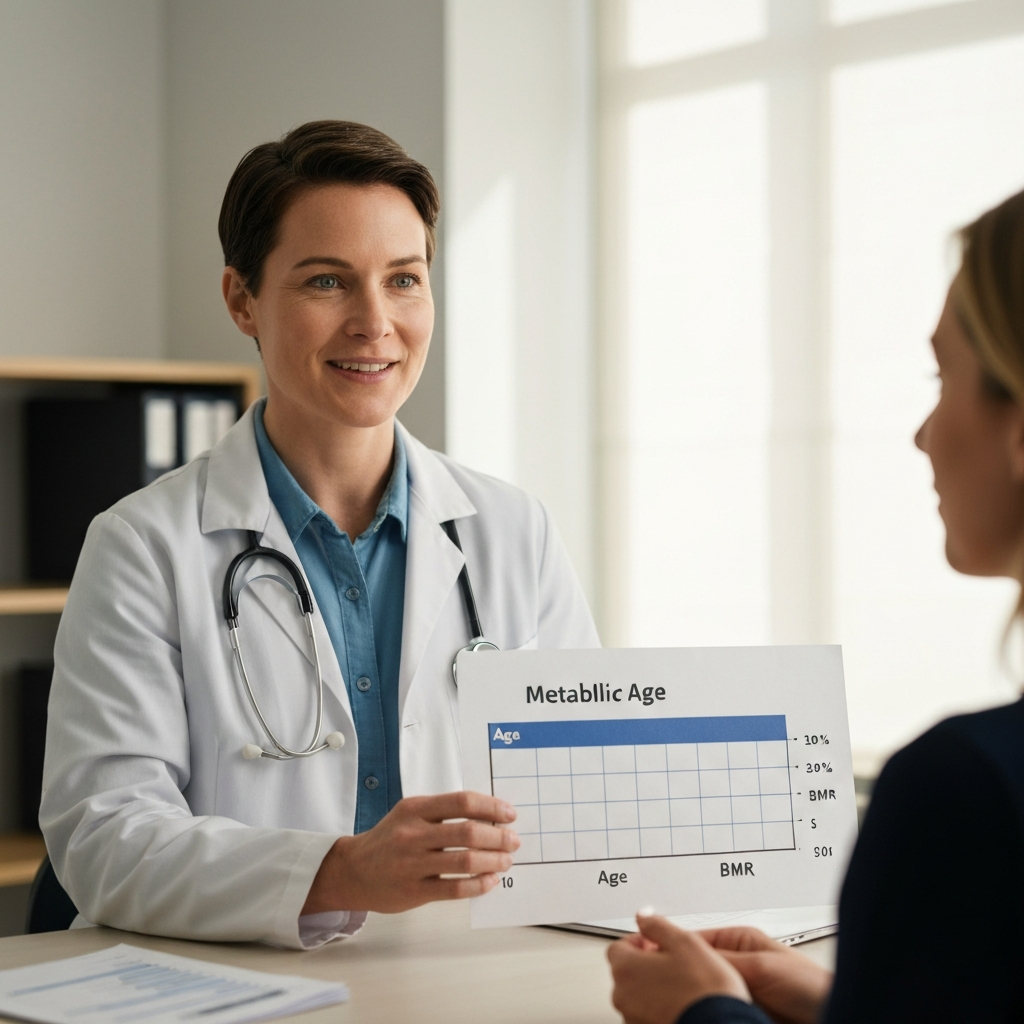A brightly lit doctor's office. A friendly nutritionist is explaining the concept of metabolic age to a patient using a simple chart. The chart shows age on one axis and BMR on the other. Soft, natural light floods the room.