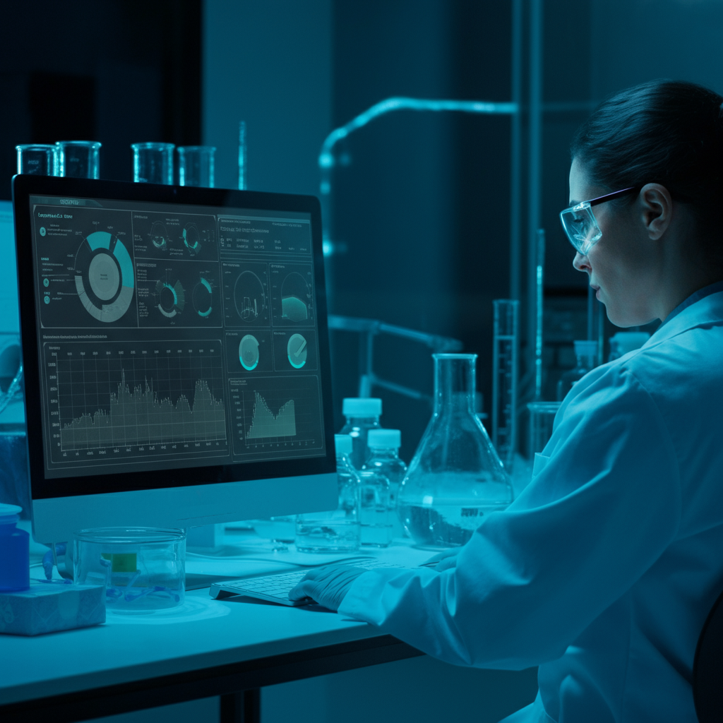 A professional-looking laboratory. A scientist in a lab coat is carefully analyzing data on a computer screen. The screen displays various metabolic markers and graphs. The lighting is clean and functional, showcasing the precision of the work.