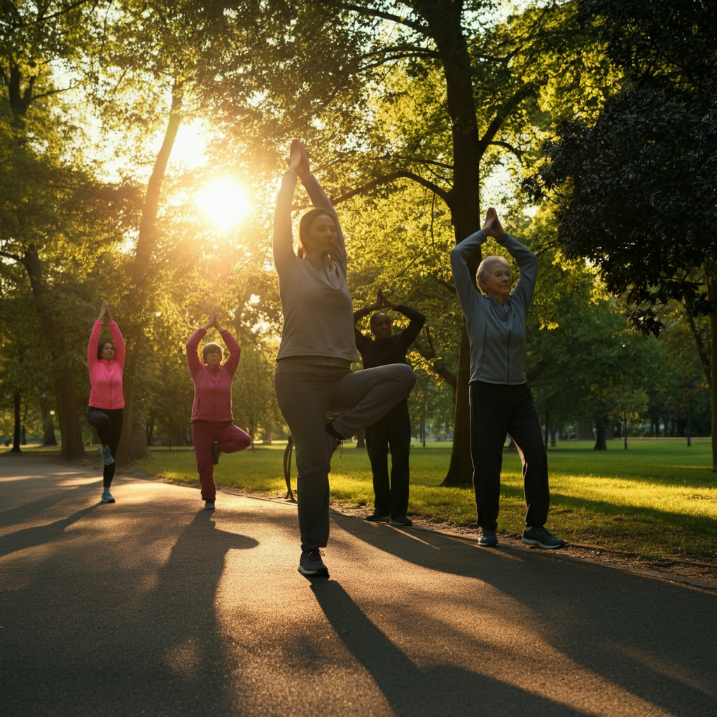 A vibrant, sunlit park. People of varying ages are engaged in different forms of exercise: jogging, yoga, and tai chi. The focus is on the diversity and healthy activities.
