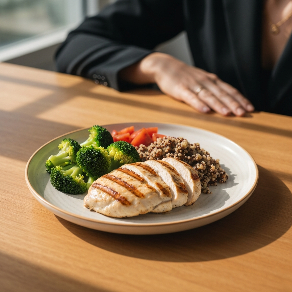 A well-balanced plate of food featuring grilled chicken breast, steamed broccoli, and quinoa. The plate is neatly arranged on a wooden table with soft, warm lighting.