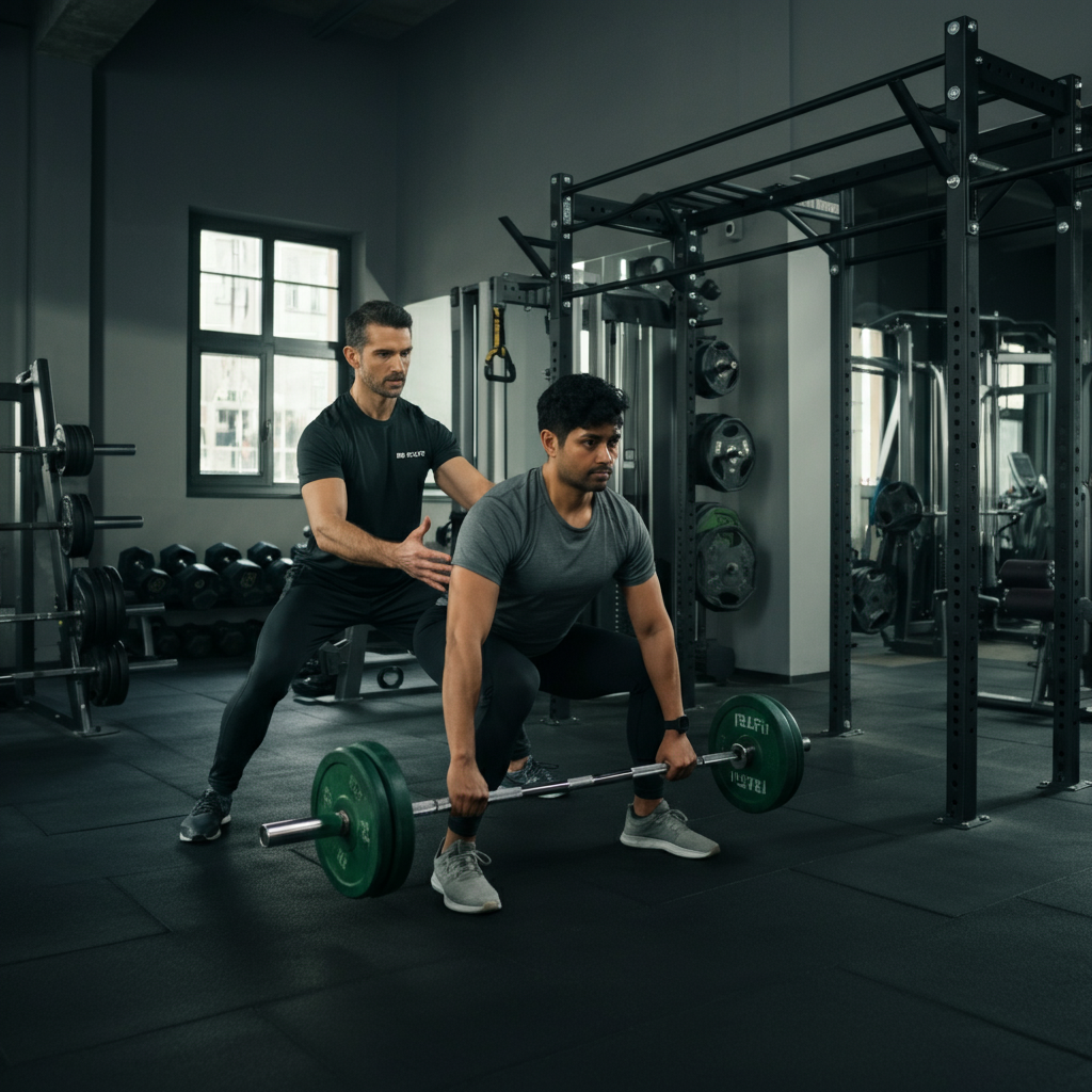 A modern gym setting. A personal trainer is guiding a client through a weightlifting exercise. Both are focused and engaged. The lighting is bright and motivational.