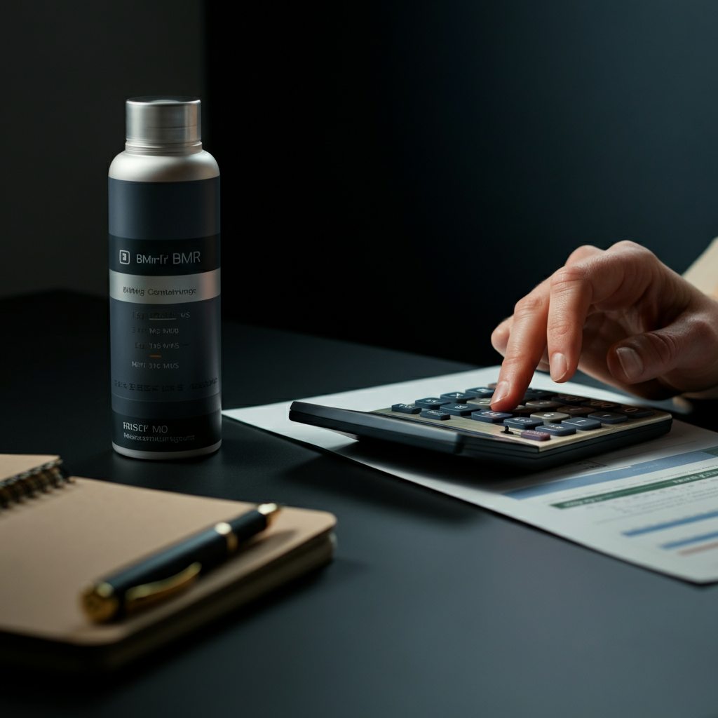 A person sitting at a desk, using a calculator to determine their BMR. The environment is well-lit and organized, suggesting focused work. A notebook and pen are nearby.