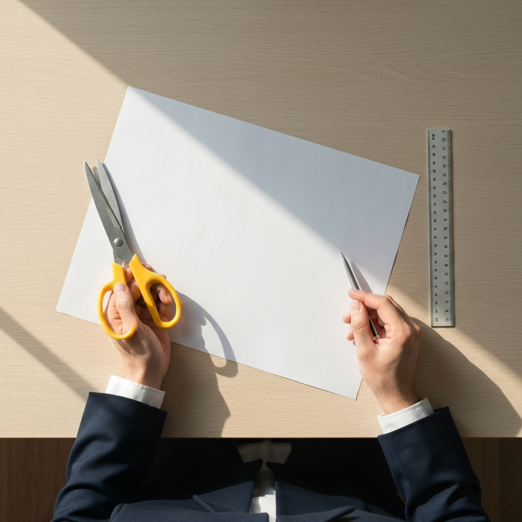 Overhead shot of a clean workspace with a sheet of white printer paper, a pair of scissors with yellow handles, and a ruler arranged neatly on a light wooden table. Soft, natural light is coming from a nearby window, highlighting the textures of the paper and wood.