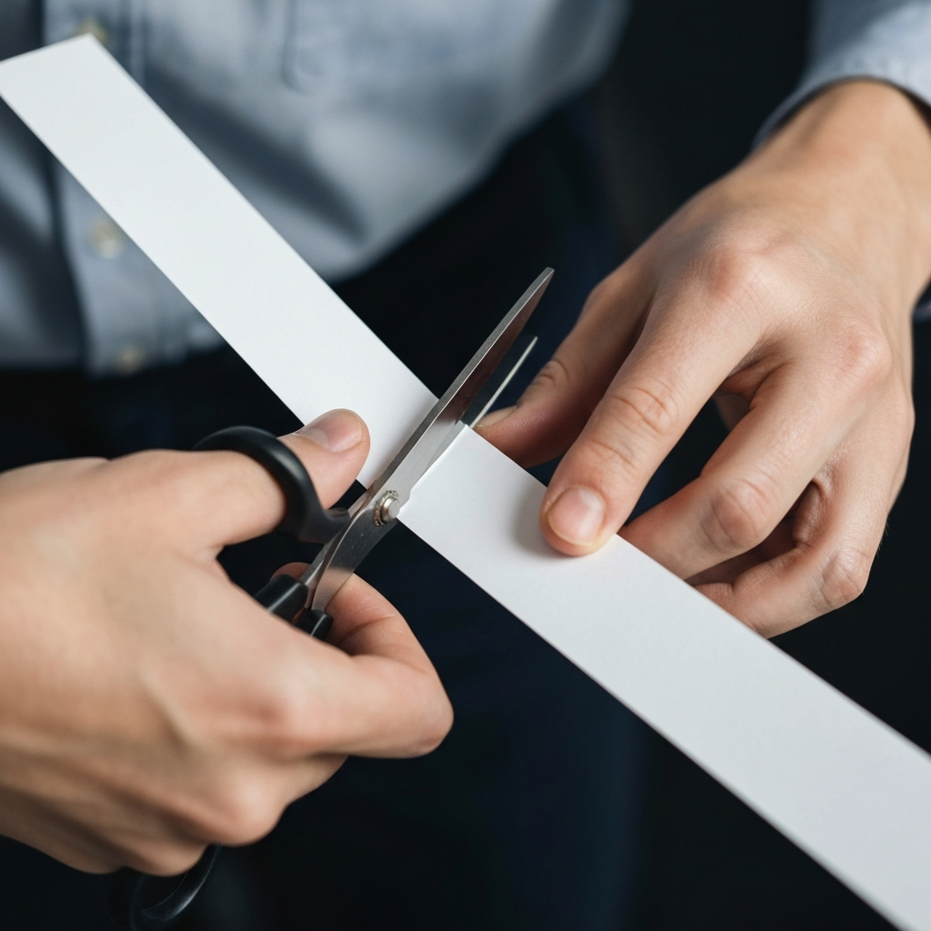 Close-up shot of hands carefully cutting a rectangular strip of white paper with scissors. The hands are positioned to ensure safety and precision. The paper strip is partially cut, showing a clean, straight edge. Focus on the sharpness of the scissor blades and the texture of the paper fibers.