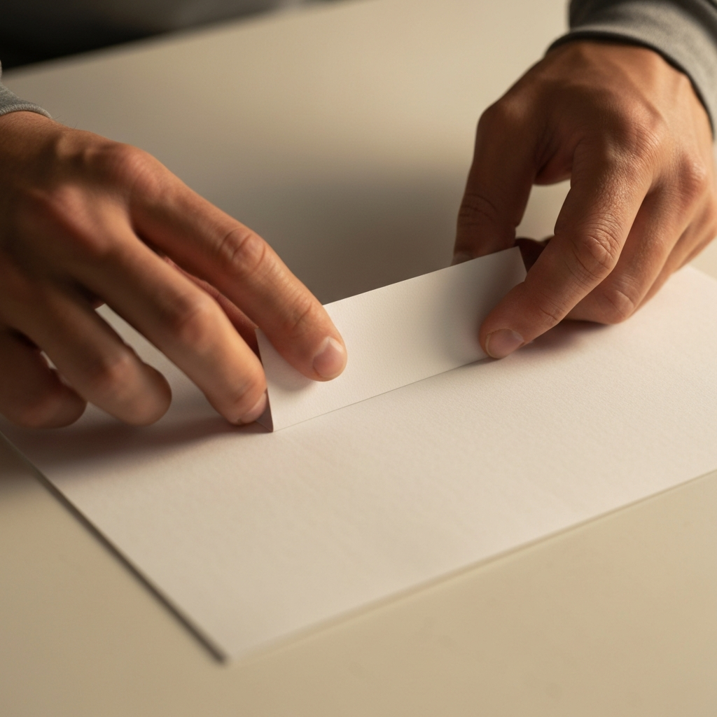 Medium shot of hands folding a rectangular strip of paper in half on a flat surface. The paper is being creased along the fold line with a fingernail, creating a sharp, clean edge. The lighting is soft and even, highlighting the texture of the paper and the precision of the fold.