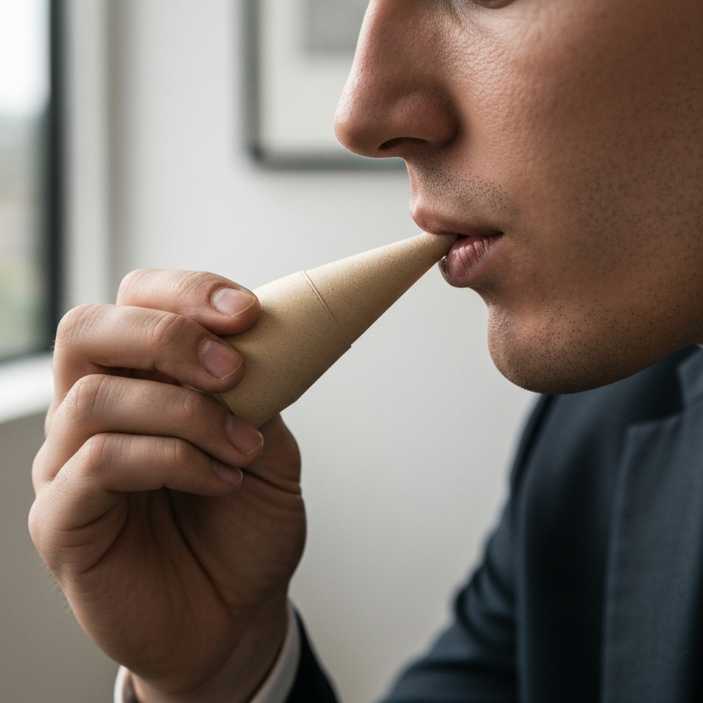 A person's mouth is positioned near the end of the paper squeaker, which is held delicately between their fingers. The focus is on the air being directed into the squeaker. Soft, diffused lighting creates a natural, inviting atmosphere.