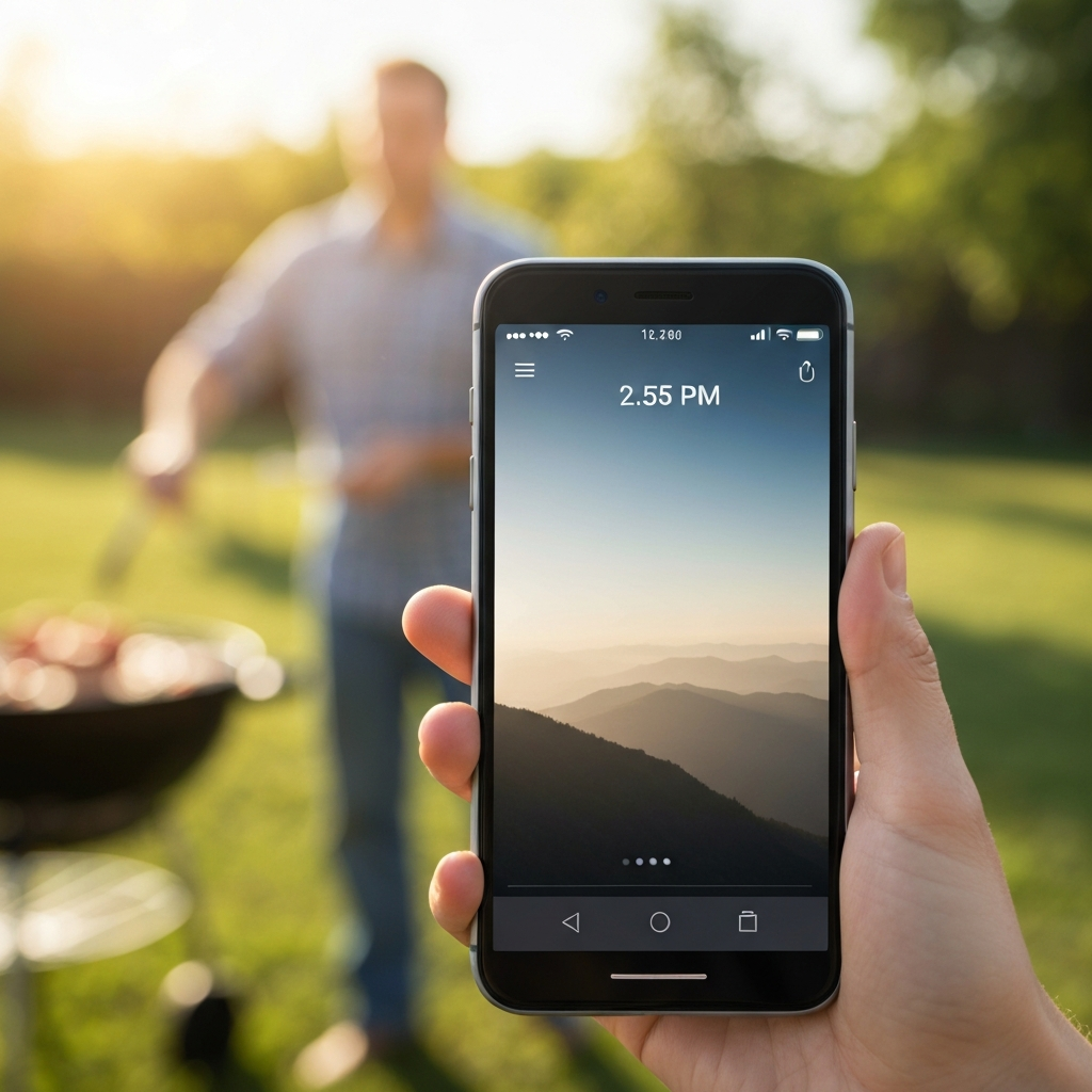 A close-up of a smartphone displaying a prominently set alarm for 2:55 PM, with a blurred background of a sunny backyard barbecue.