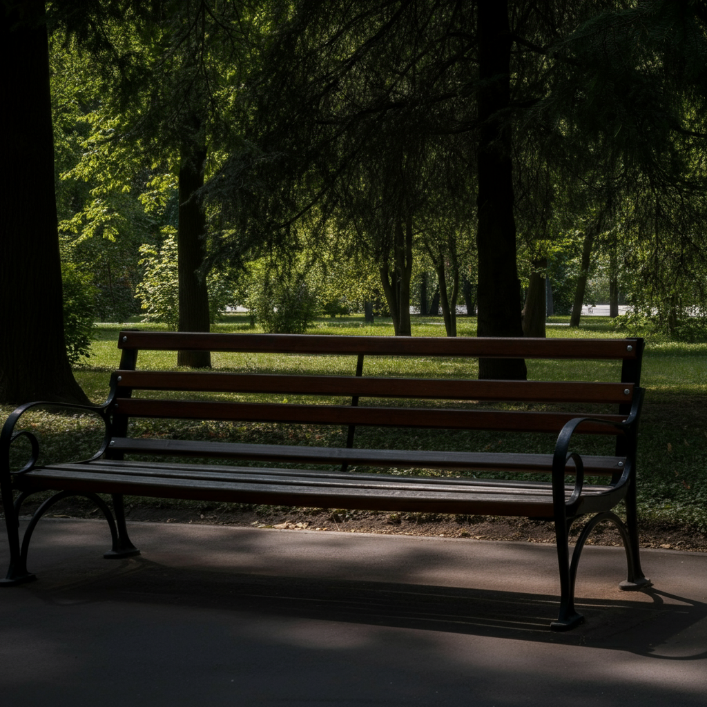 A wide shot of a quiet park bench bathed in soft, diffused sunlight, surrounded by mature trees with dappled shadows.