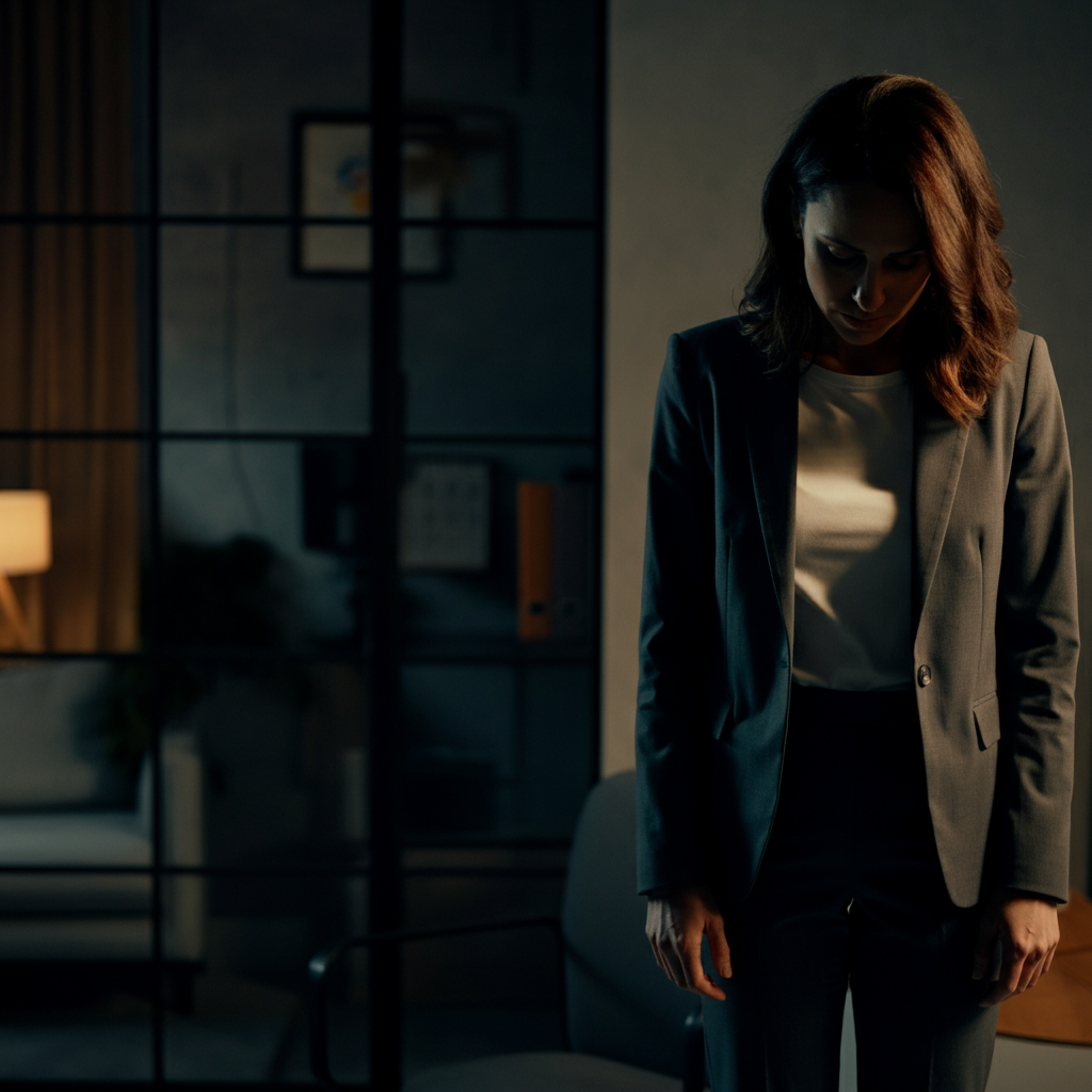 A medium shot of a woman in a business suit standing respectfully with her head bowed in a quiet office space, bathed in the cool, soft light of a late afternoon.