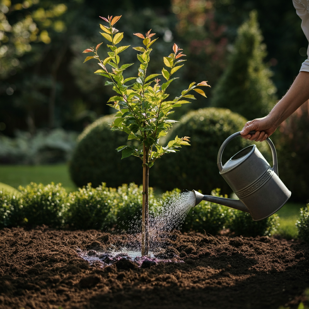 A well-lit garden scene featuring an elm sapling planted in fertile soil. A gardener is gently watering the base of the tree. Soft bokeh in the background with other trees and shrubs.