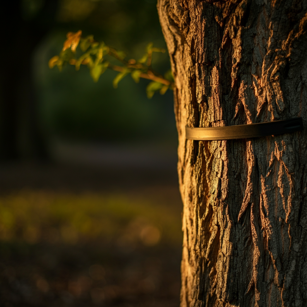 A close-up, side-lit shot of the trunk of a young elm tree. The bark texture is visible, and a protective tree guard is in place. Soft morning light.