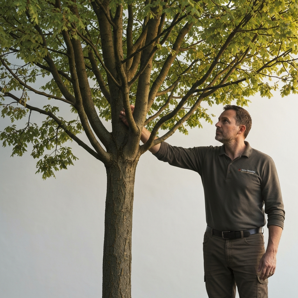 An elm tree, roughly 15 years old, with well-defined branching structure. The tree is bathed in golden hour lighting, showcasing its foliage. A professional arborist is inspecting the tree with a focused expression.