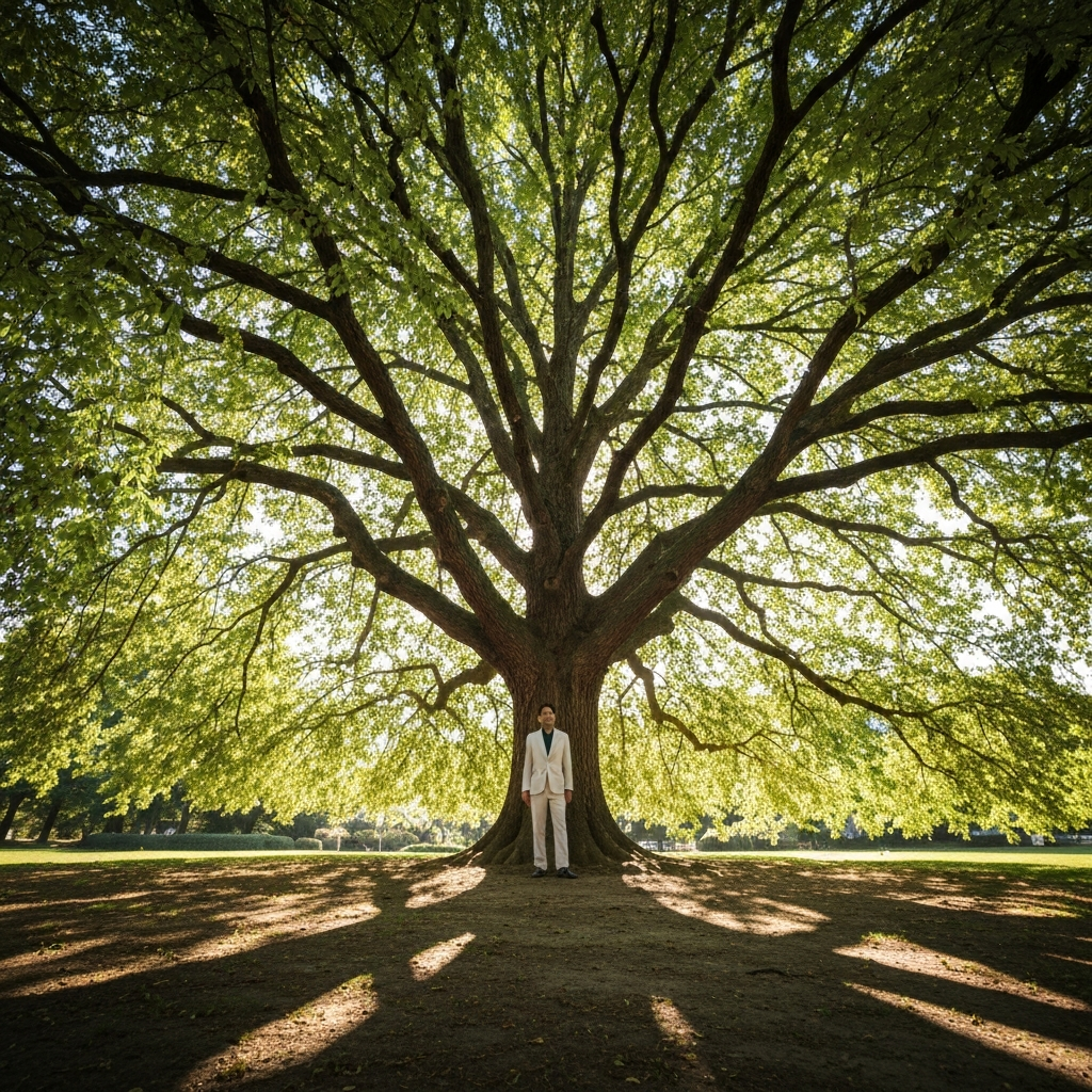 A majestic, mature elm tree with a wide canopy providing shade. The shot is taken from a low angle, emphasizing the tree's height and grandeur. Sunlight filters through the leaves, creating dappled patterns on the ground.