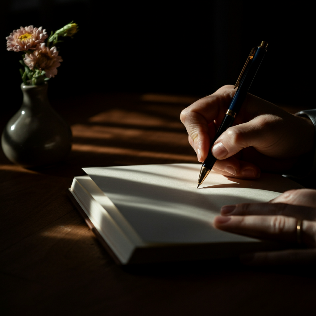 Close-up shot of a hand writing in a journal with soft, natural light streaming through a window, highlighting the texture of the paper. A small vase of flowers sits beside the journal.