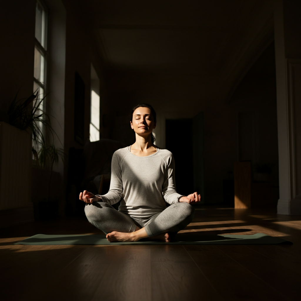 A woman in comfortable clothing sitting on a yoga mat in a sunlit room, her eyes closed in meditation. Soft bokeh in the background blurs out the details of the room, focusing on her peaceful expression.