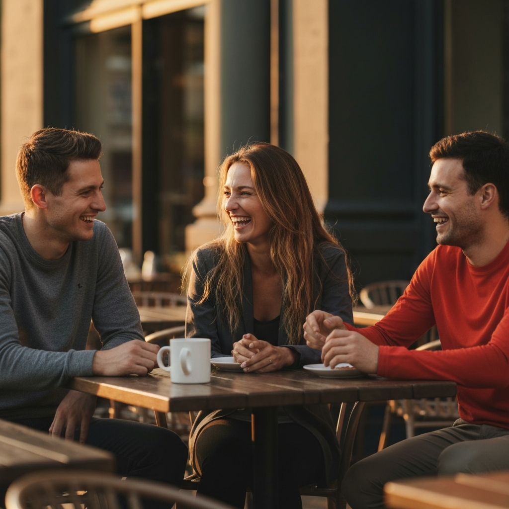 Three friends laughing and talking together at an outdoor cafe. The golden hour lighting creates a warm and inviting atmosphere, highlighting the texture of their clothing and the surrounding environment.