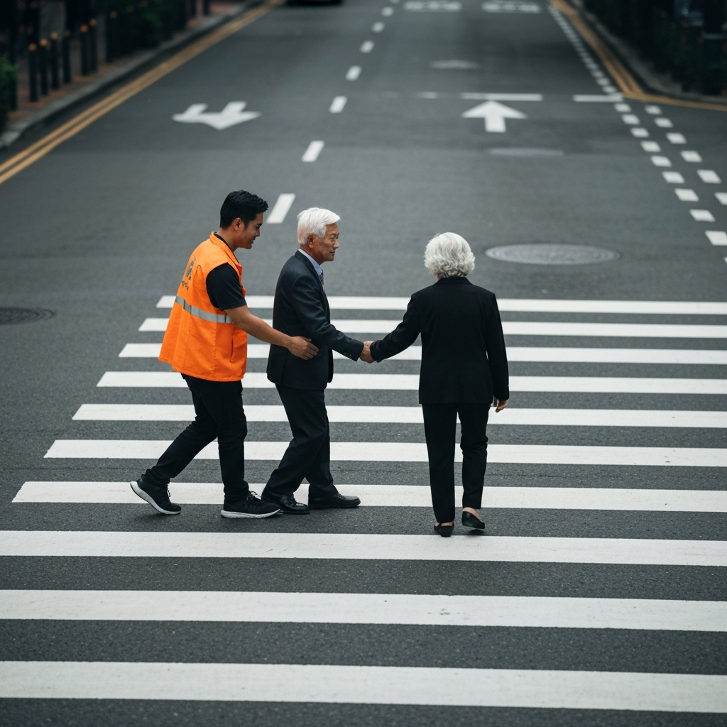 A volunteer helping an elderly person cross the street in a bustling city. The scene is captured from a slightly elevated angle, emphasizing the act of kindness and the surrounding urban environment. Soft focus is used to draw attention to the central figures.