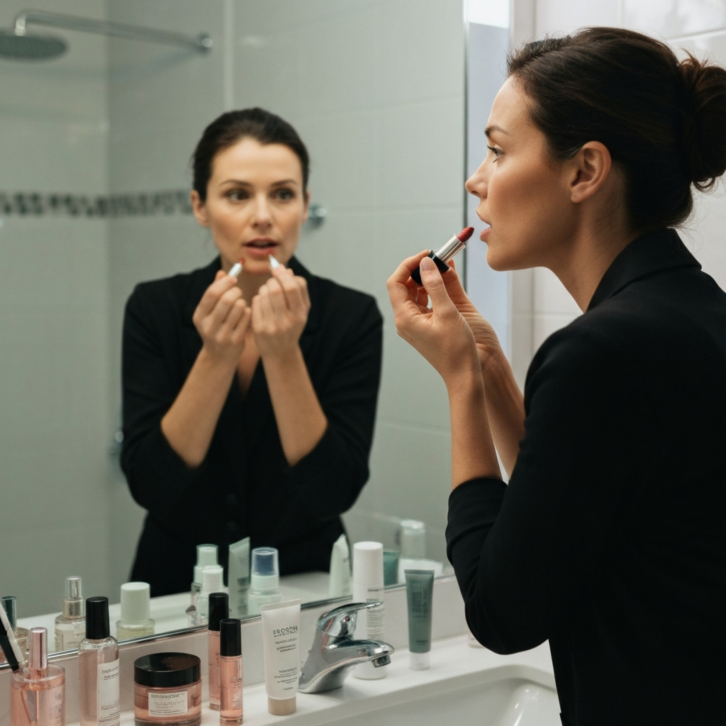 A woman standing in front of a mirror, applying lipstick with a focused expression. The bathroom is well-lit and clean, with a variety of skincare products visible on the counter. The focus is on her hands and face, showcasing the grooming process.