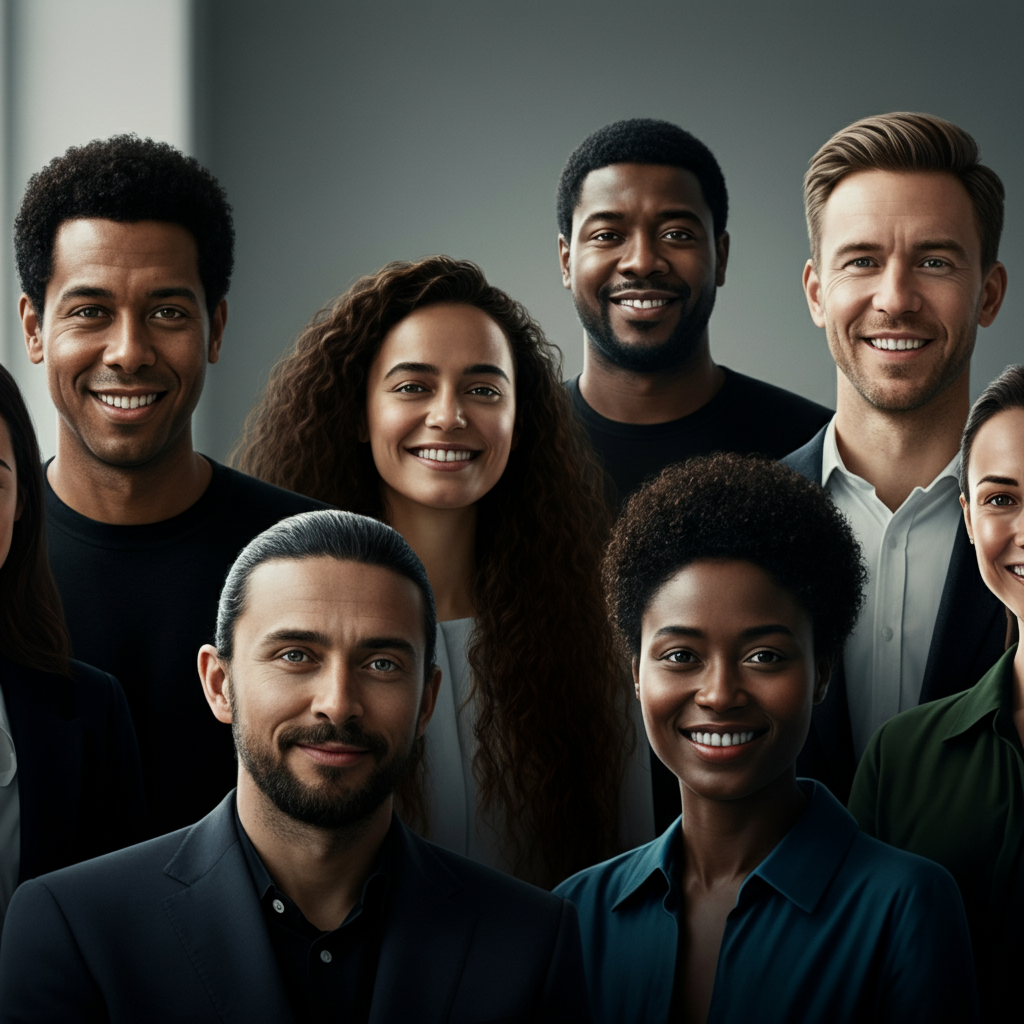 A portrait of a diverse group of people smiling genuinely at the camera. The background is blurred, emphasizing the unique features and expressions of each individual. The lighting is soft and natural, highlighting their skin tones and textures.