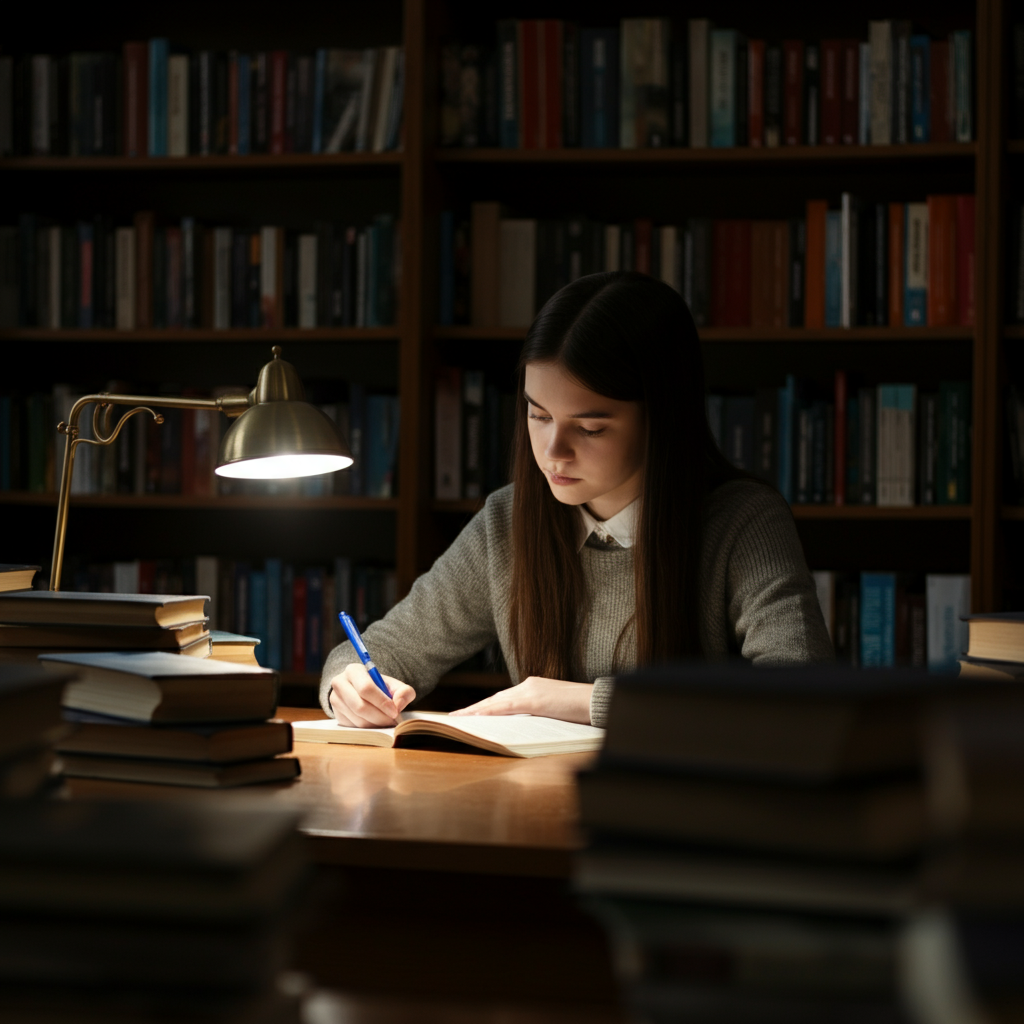 A student sitting at a desk in a library, surrounded by books. The scene is lit with a warm, inviting glow, highlighting the texture of the books and the student's focused expression.