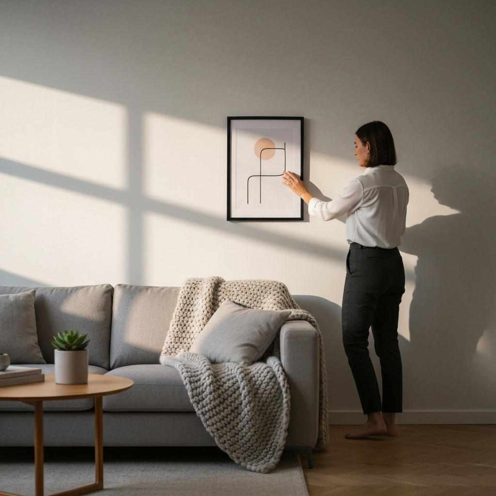 A brightly lit living room. Soft bokeh highlights textures on a knitted blanket draped over a modern sofa. A person is casually adjusting a minimalist art print on the wall. Side lighting illuminates a succulent on a nearby coffee table.