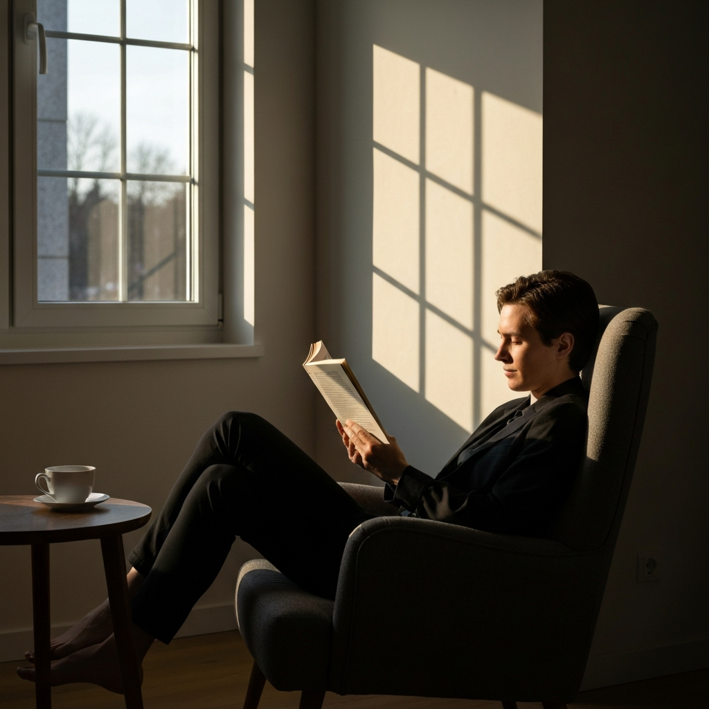 A person is curled up in an armchair near a window during golden hour, reading a book. Light streams in, softly illuminating the pages and their relaxed expression. A cup of tea rests on a nearby table.