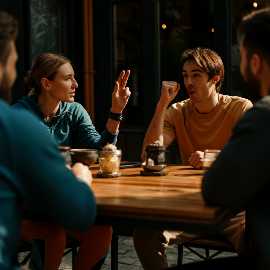 A group of friends are gathered around a table at an outdoor cafe. Natural light highlights the textures of the wooden table and the lively conversation. One person is gesturing enthusiastically while others listen attentively.
