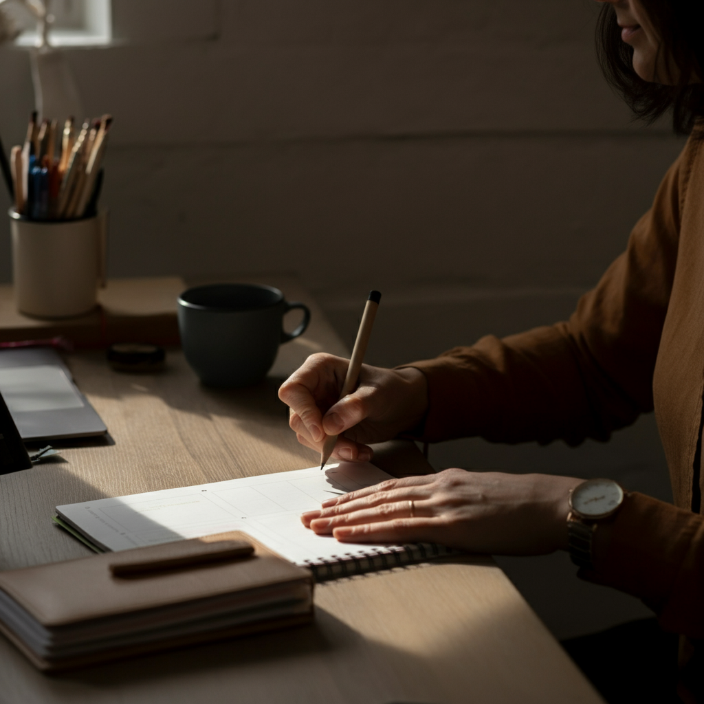 A person is working at a clean and organized desk. Soft, diffused light highlights the focus and concentration in their expression. A planner and a laptop are neatly arranged on the desk.