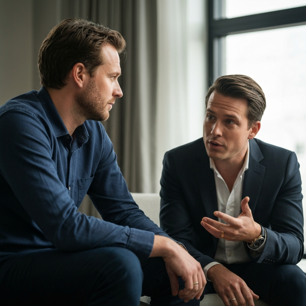 Two people are engaged in a thoughtful conversation in a well-lit room. The soft, ambient light emphasizes the expressions on their faces. One person is leaning forward attentively while the other speaks.