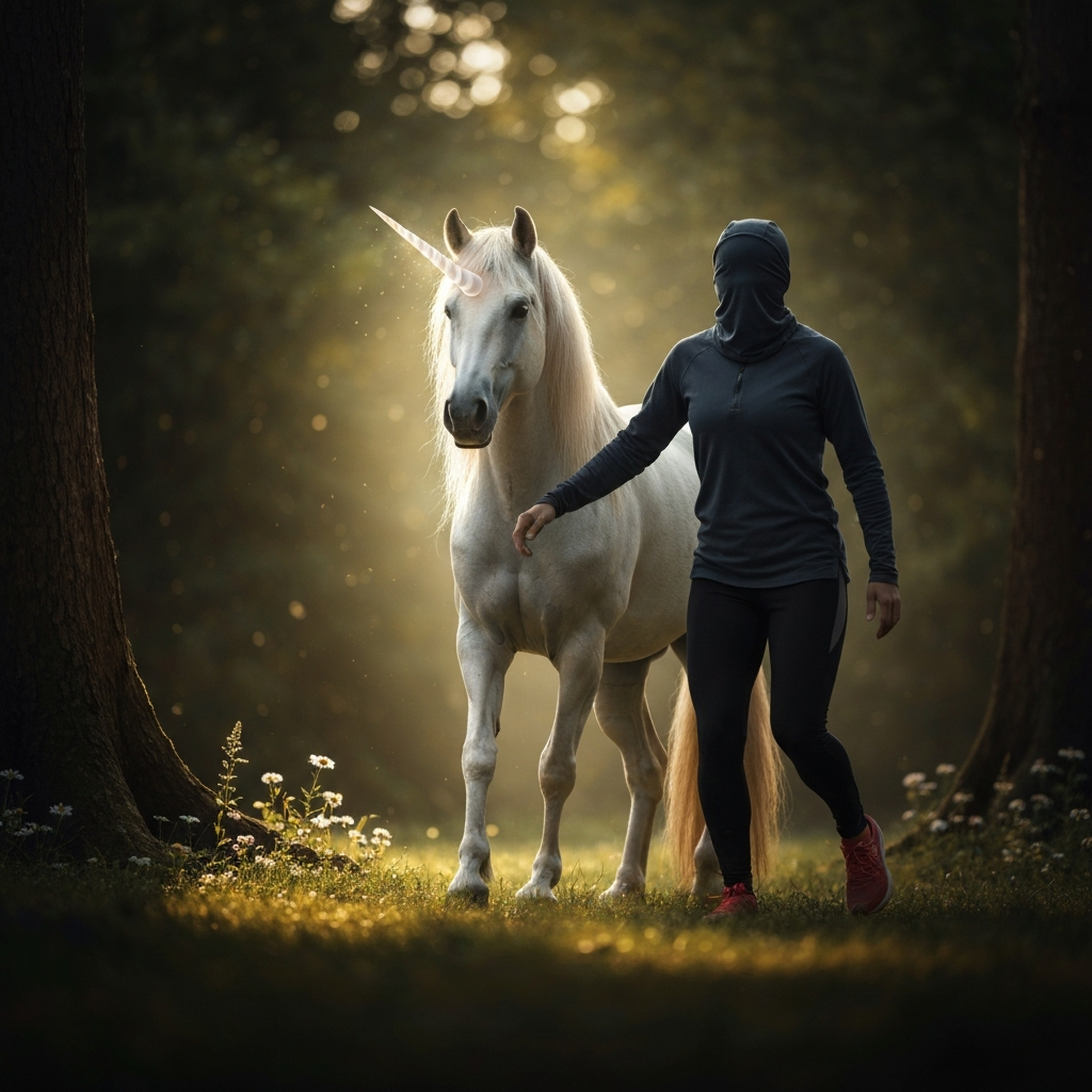 A unicorn standing in a clearing of an ancient forest, bathed in dappled sunlight. The horn is subtly luminescent, and wildflowers bloom around its hooves. Soft bokeh in the background creates a dreamy atmosphere.