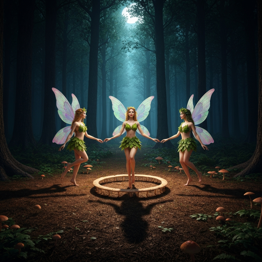 Three pixies dancing in a circle around a mushroom ring in a forest. Moonlight filters through the trees, casting long shadows. Their wings are iridescent, and they wear clothing made of leaves and petals.
