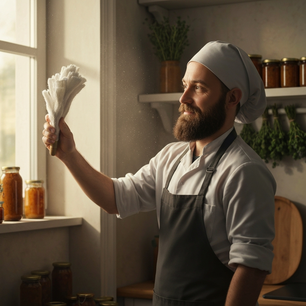 A Domovoy, a small, bearded figure with kind eyes, dusting shelves in a cozy kitchen. Soft, warm light streams in from a window, illuminating dust motes dancing in the air. Jars of preserves and bunches of herbs are visible in the background.
