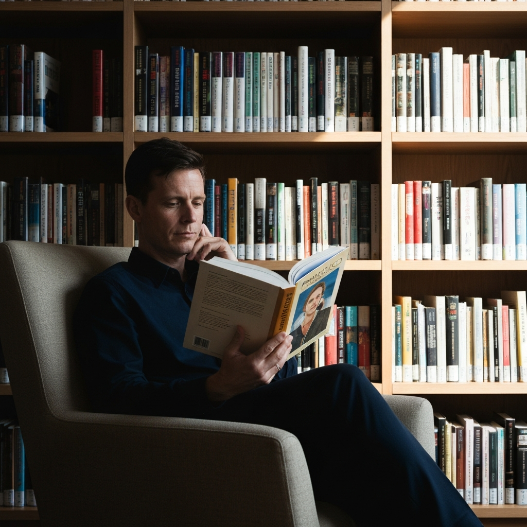 A warm, inviting library with shelves filled with books. A person sits in a comfortable armchair, reading a psychology textbook with a contemplative expression. Sunlight streams through the window, casting a soft glow on the scene. Close-up shot emphasizing the texture of the book and the thoughtful gaze of the reader.